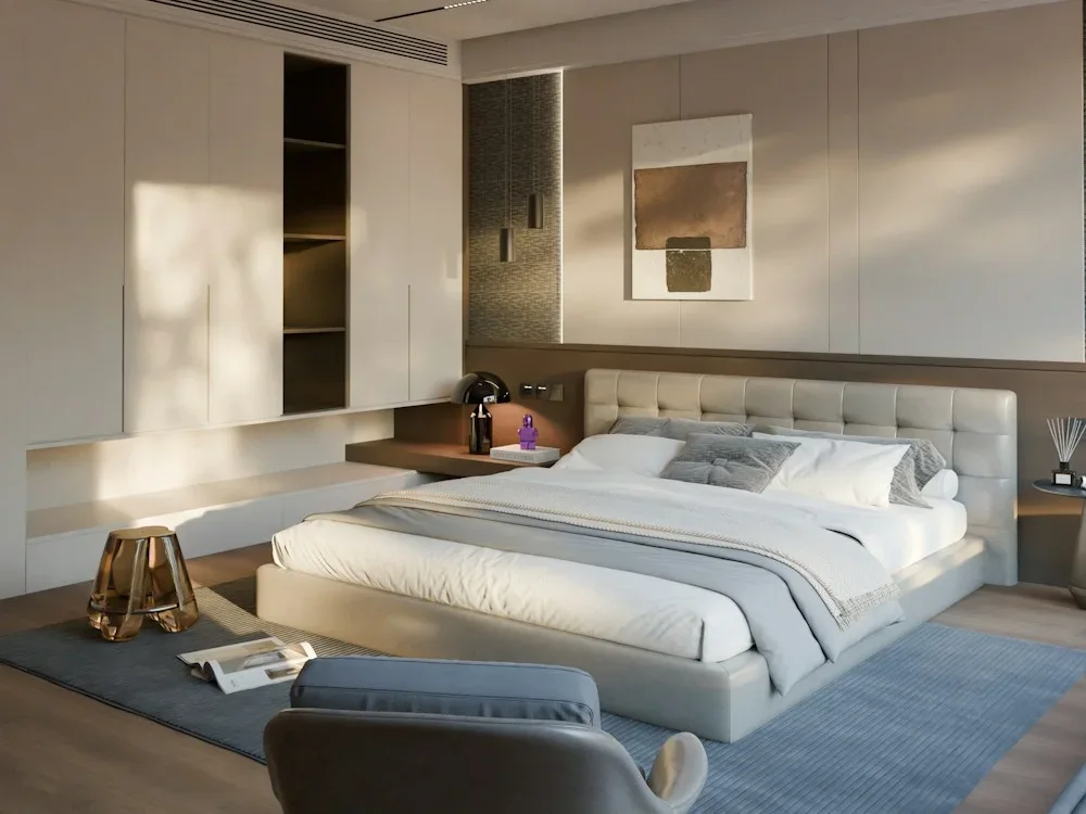 Hotel bedroom furniture package with upholstered bed