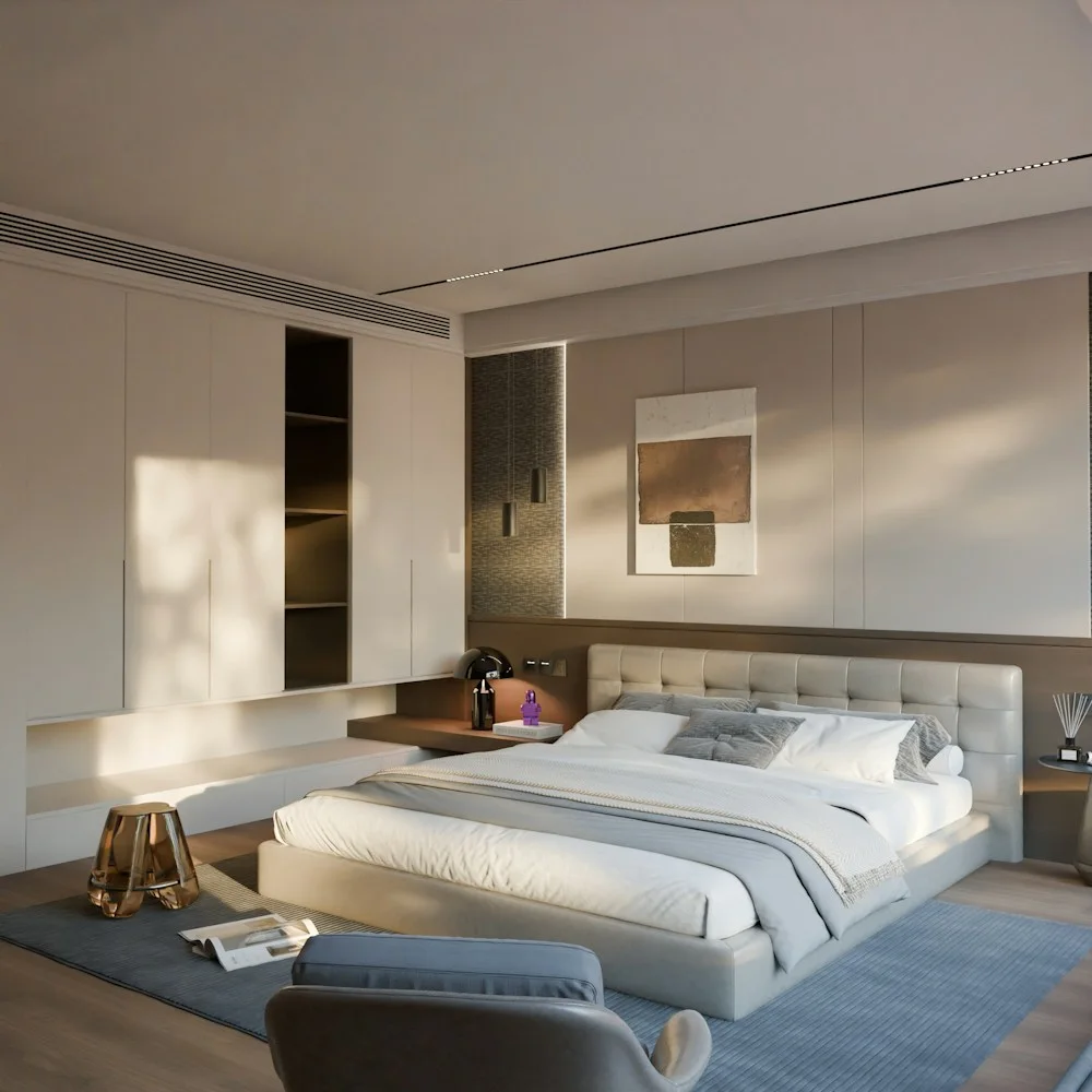 Hotel guestroom bed with upholstered headboard, bedside furniture and built-in casegoods