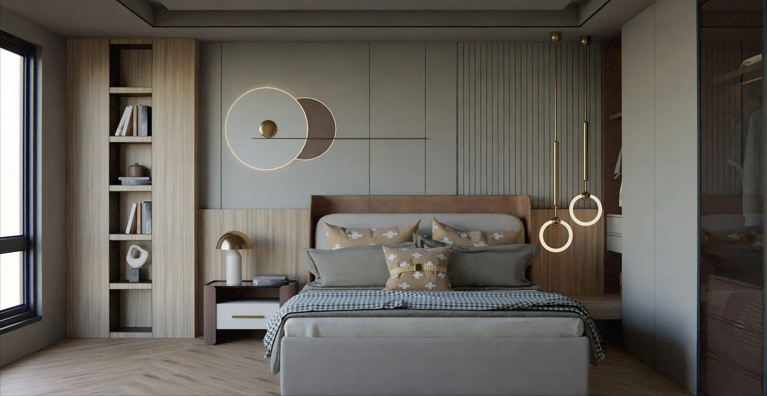 Completed hotel bedroom showing mattress height in relation to the bed frame