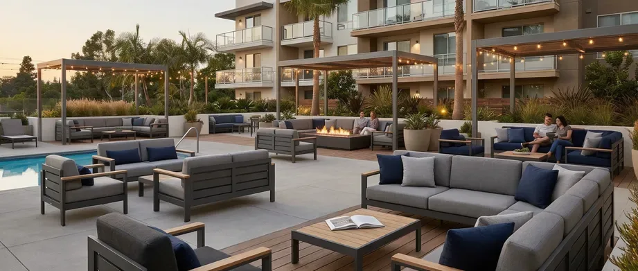 Hotel terrace outdoor furniture with patio tables