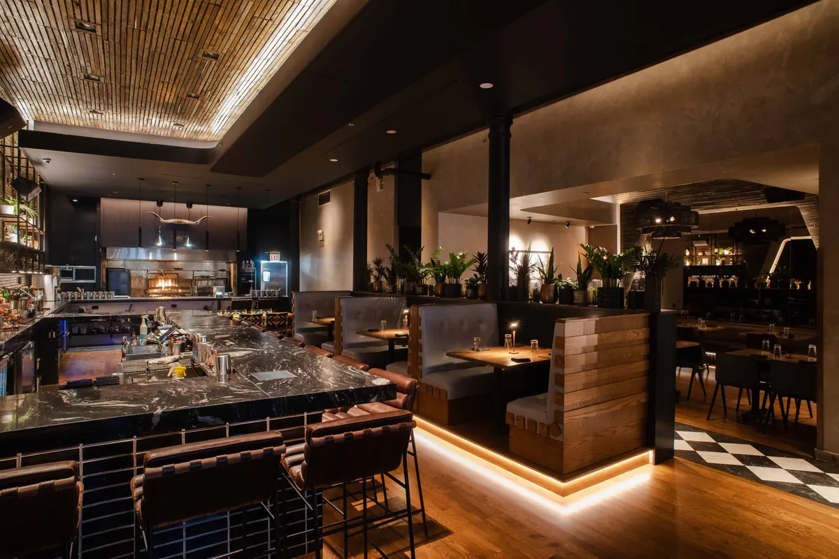Stone look tabletop surface for restaurant furniture