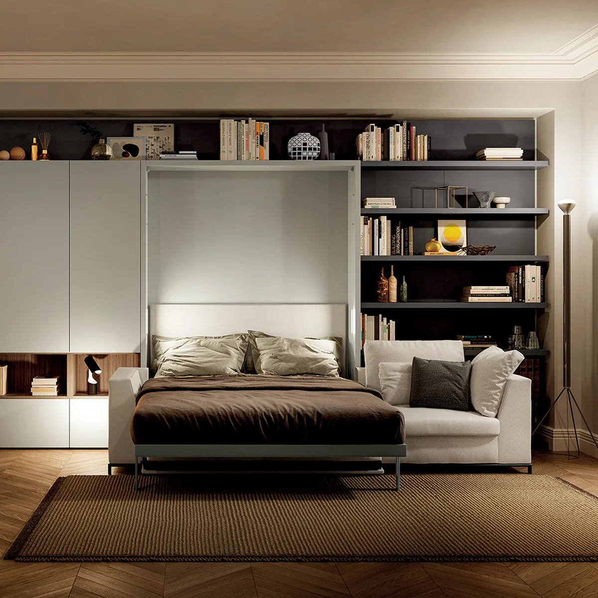 Pull out sofa bed open mode for compact hotel guestroom