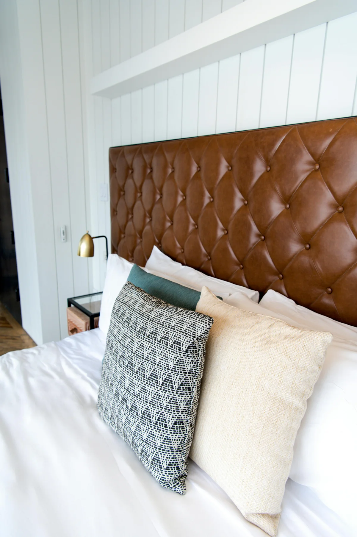 Leather upholstered headboard detail for hotel bed projects Leather upholstered headboard detail for hotel bed projects