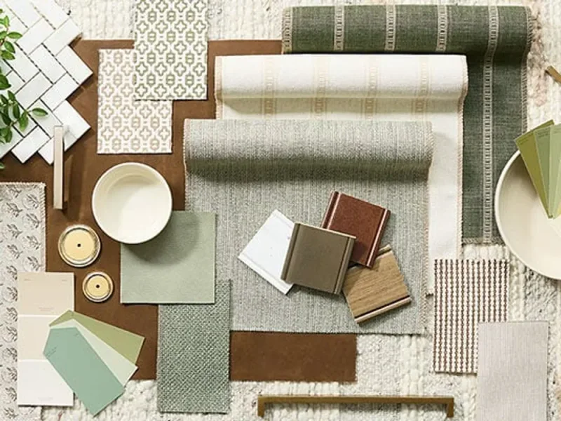 Furniture upholstery, leather, wood and finish samples