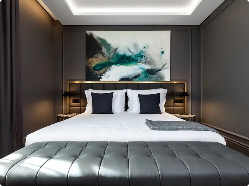 Hotel bed headboard and bedside table complete furniture scene