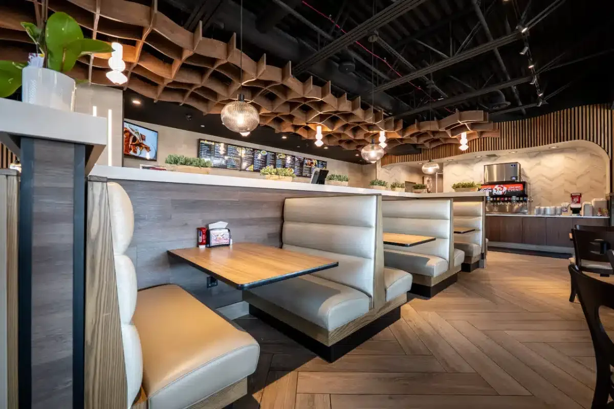 Cafe booth seating with upholstered backrest and custom dimensions Cafe booth seating with upholstered backrest and custom dimensions