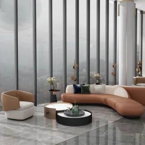 Curved sofa seating in a hotel lobby lounge scene