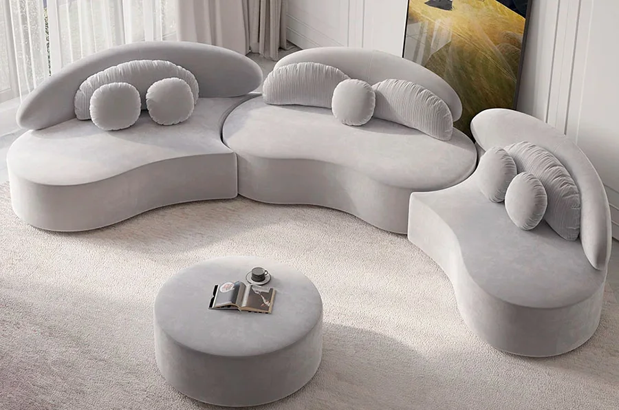 Curved sofa showroom display idea for modern furniture presentation Curved sofa showroom display idea for modern furniture presentation