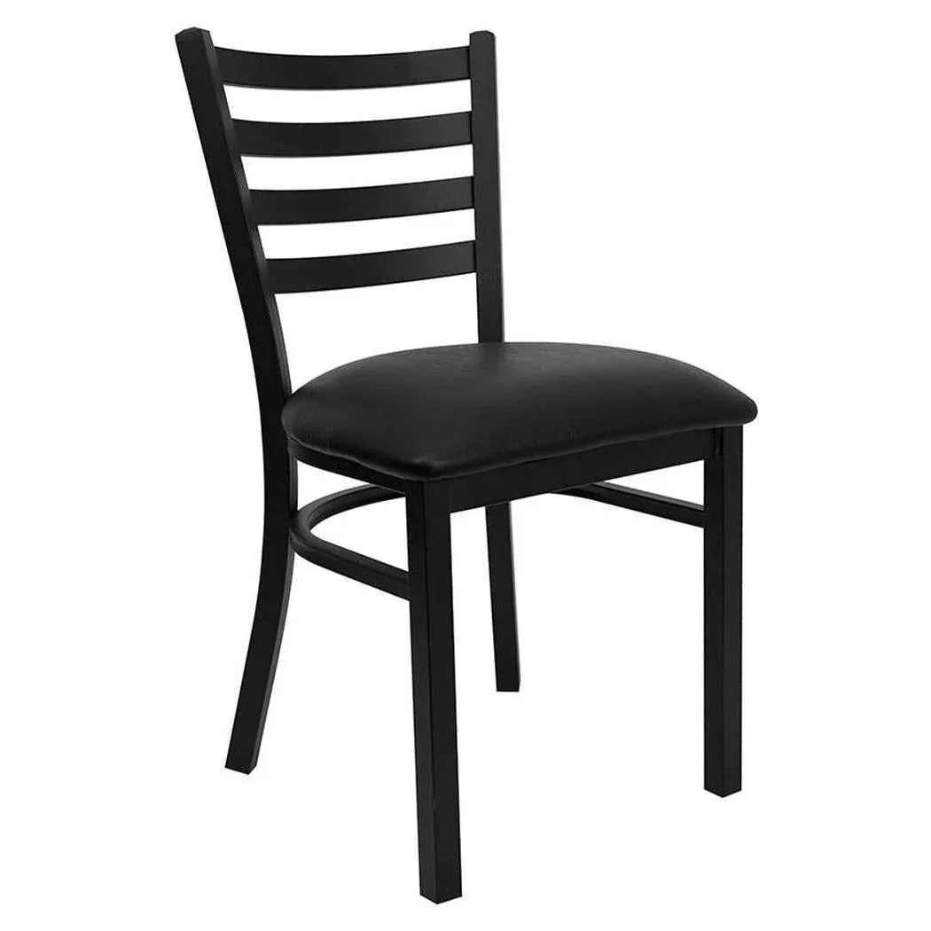 Restaurant dining table surface and chairs shown together for scale review