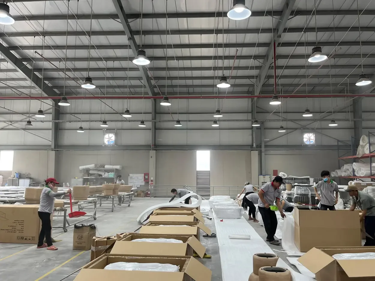 Wrapped sofa storage in clean furniture warehouse before export