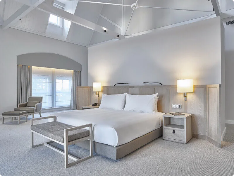 Hotel guest room project furniture with bed headboard and nightstands
