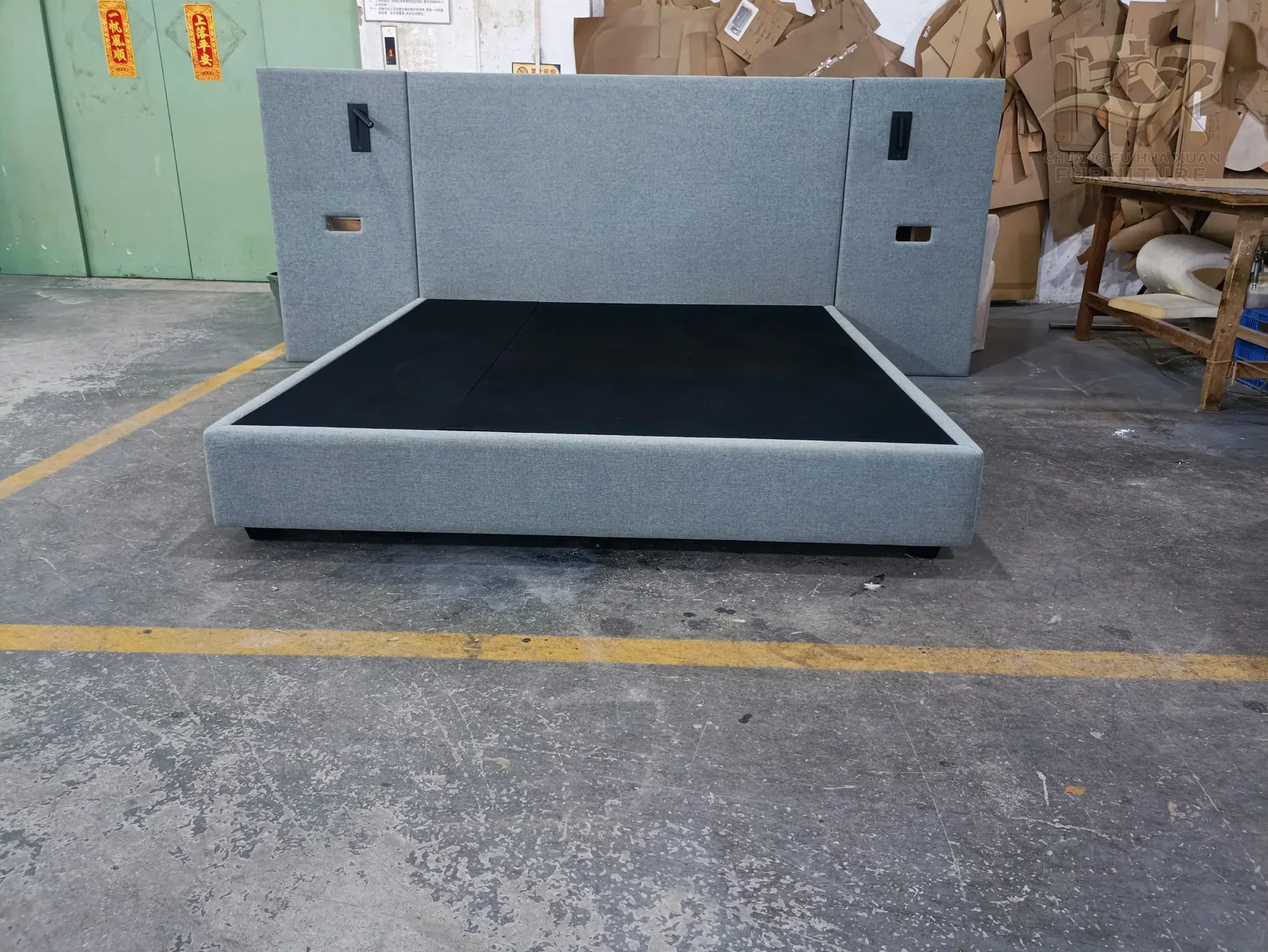 Grey Upholstered Bed Frame with Black Base for Apartment Projects for apartment project, hotel guestroom, furniture brand oem furniture projects