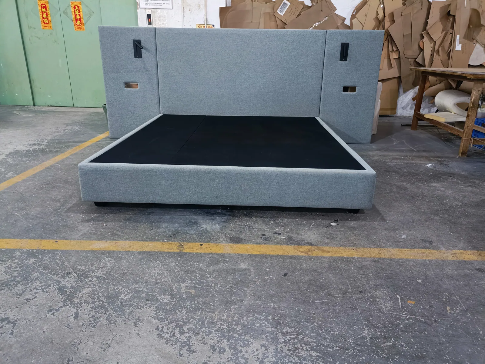 Grey Upholstered Bed Frame with Black Base for Apartment Projects for apartment project, hotel guestroom, furniture brand oem furniture projects