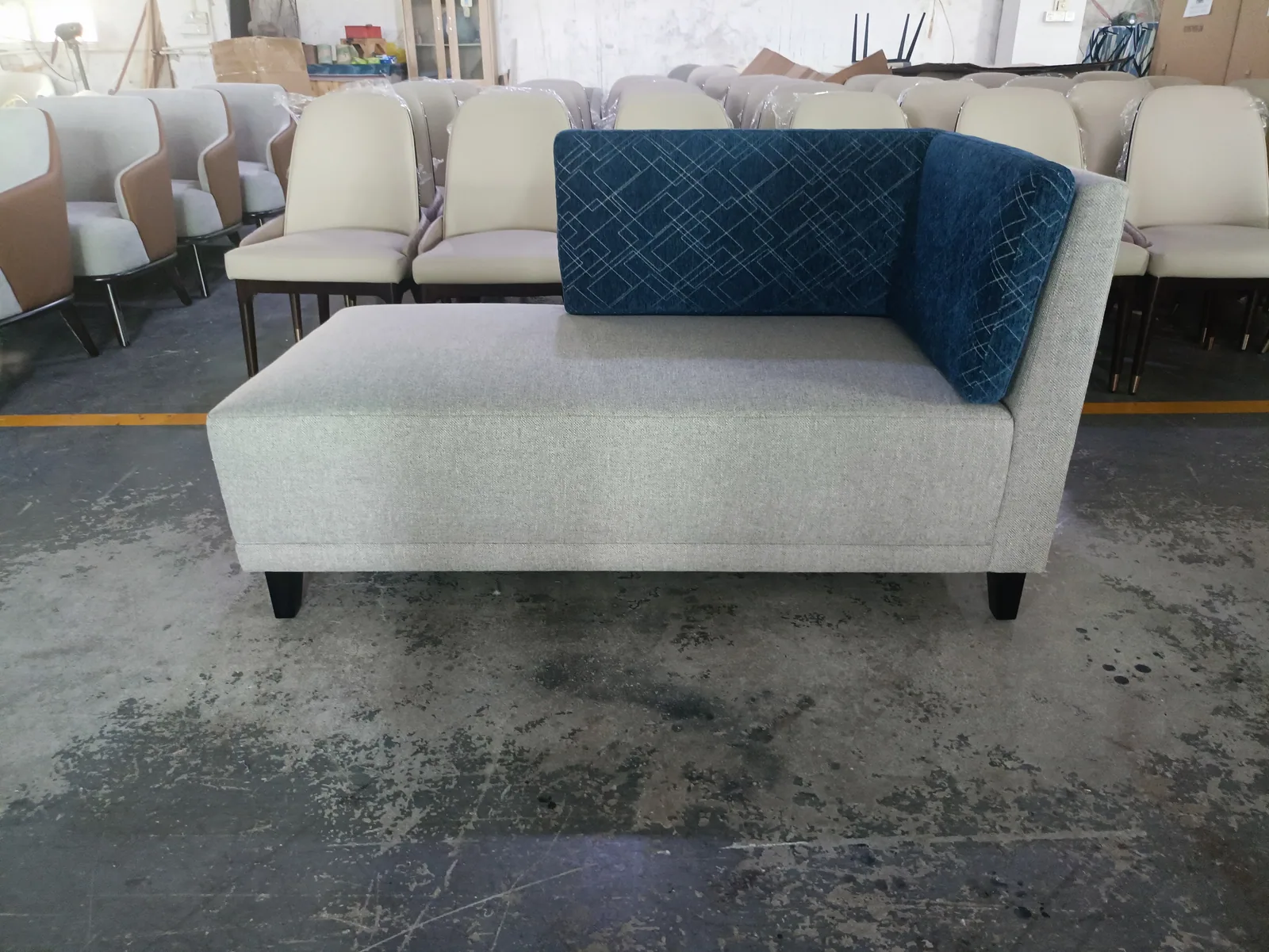 Light Grey Sofa Bed with Blue Side Panel for Compact Rooms for apartment project, hotel guestroom, compact commercial space furniture projects