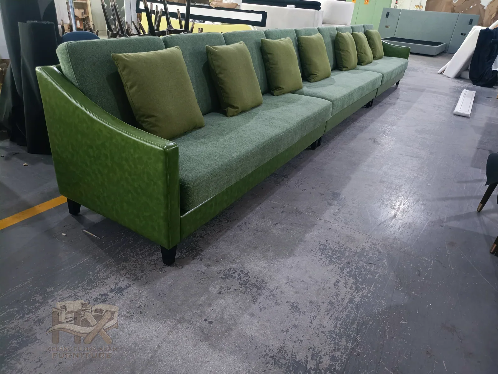 Green Upholstered Long Sofa for Hotel Lobby and Wholesale Programs for hotel lobby, office lounge, wholesale program furniture projects
