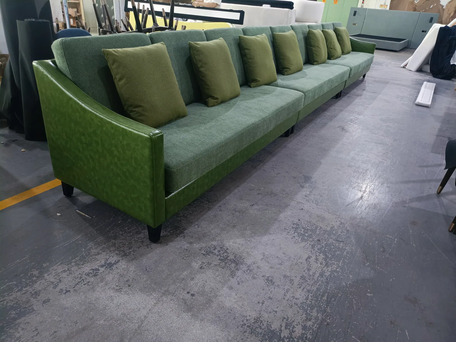 Green Upholstered Long Sofa for Hotel Lobby and Wholesale Programs for hotel lobby, office lounge, wholesale program furniture projects