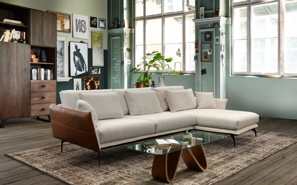 Leather and fabric sofa showroom scene for material comparison