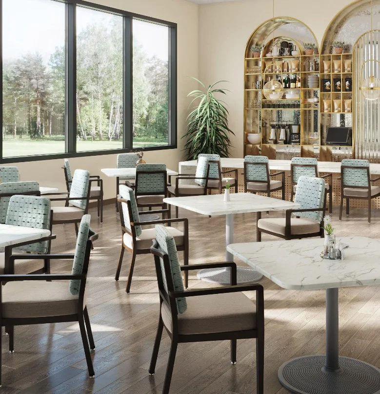 Wood and metal finishes for restaurant chairs