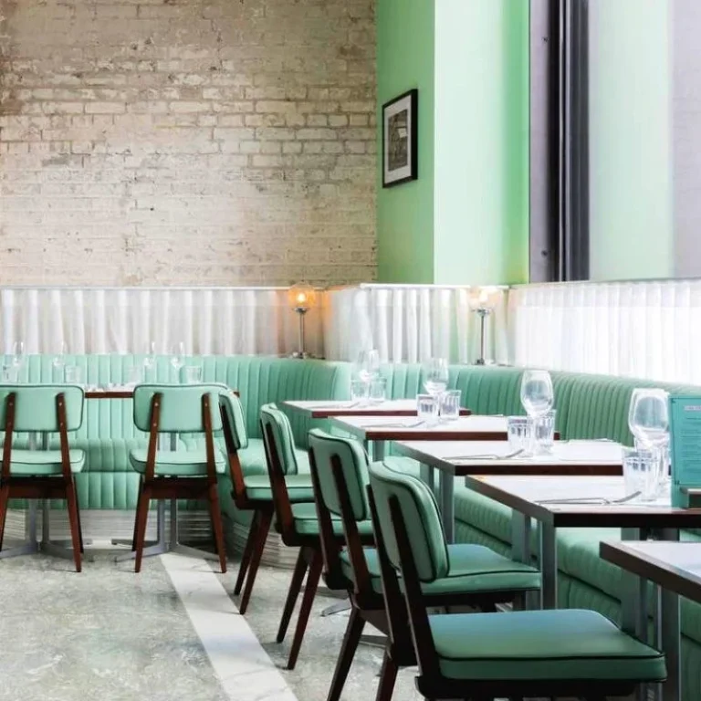 Restaurant seating layout with dining chairs and tables