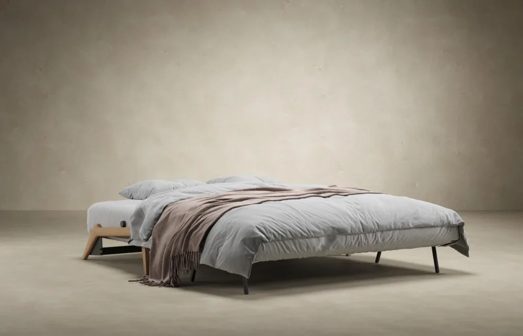 Sofa bed mechanism guide showing an opened sofa bed for apartment room planning