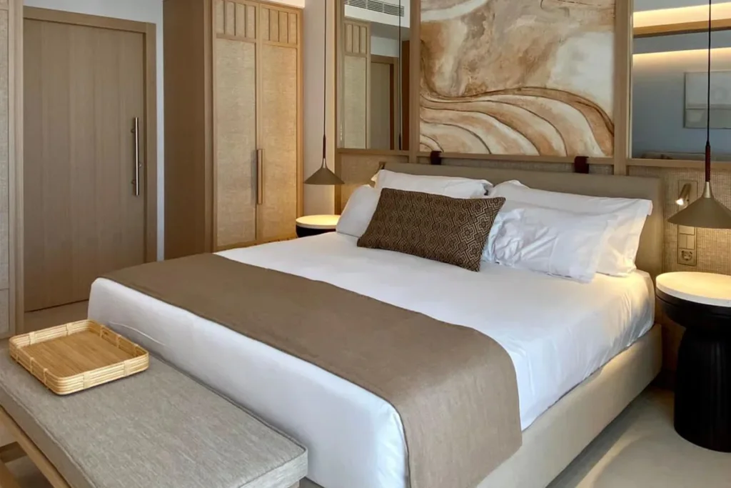 Upholstered bed frame hotel room scene for B2B bed frame sourcing