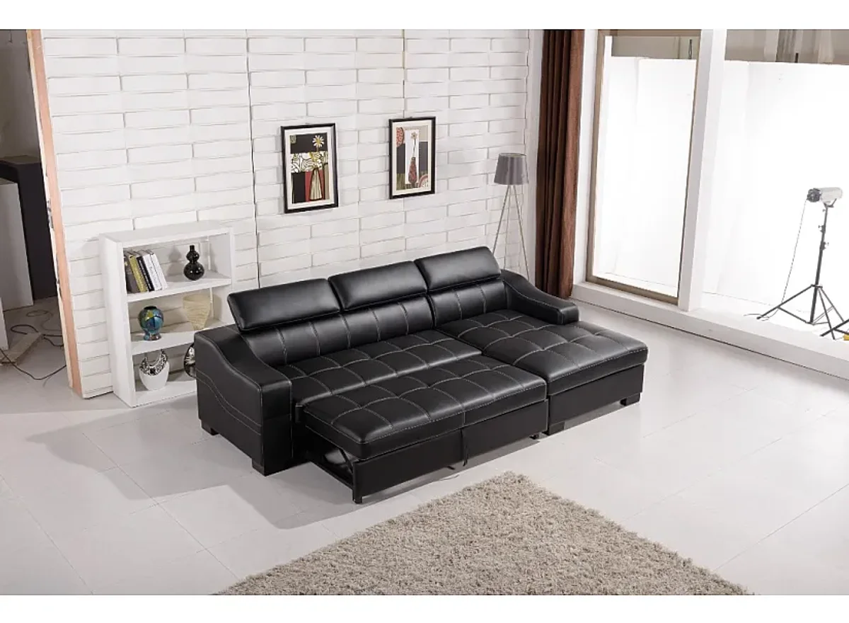 Black leather sofa bed opened in a room scene Black leather sofa bed opened in a room scene