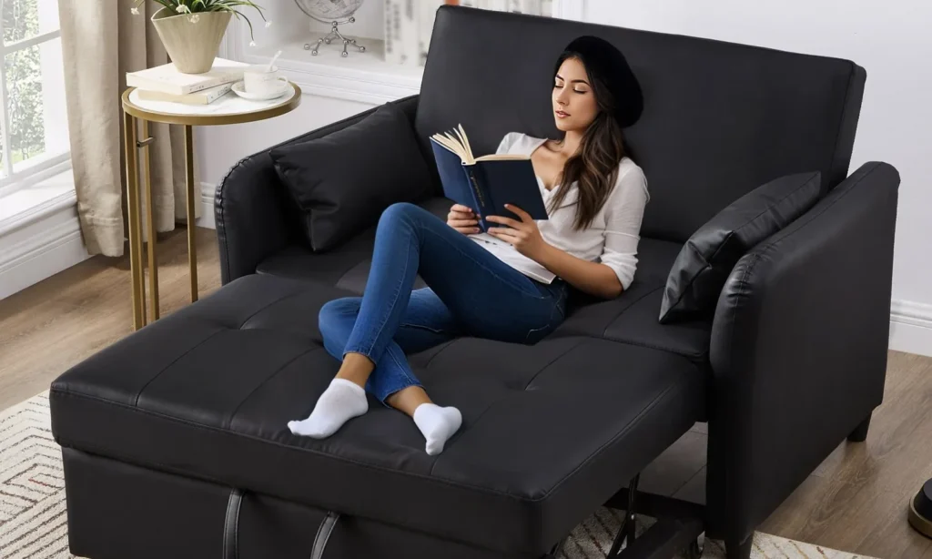 Black sofa bed in apartment room