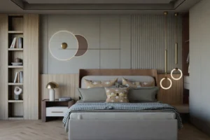 Boutique hotel furniture with a distinctive upholstered headboard