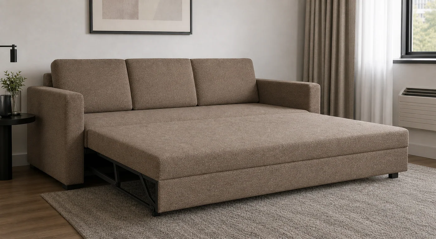 Sofa bed opened into sleeping position Comfortable sofa bed opened for sleeping