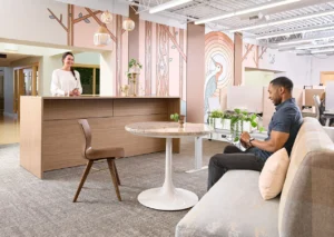 Sofa stitching and upholstery details guide in a commercial lounge
