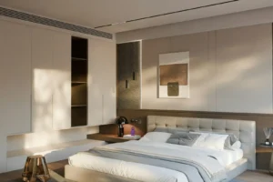 Hotel furniture package with bed, headboard, nightstands and storage