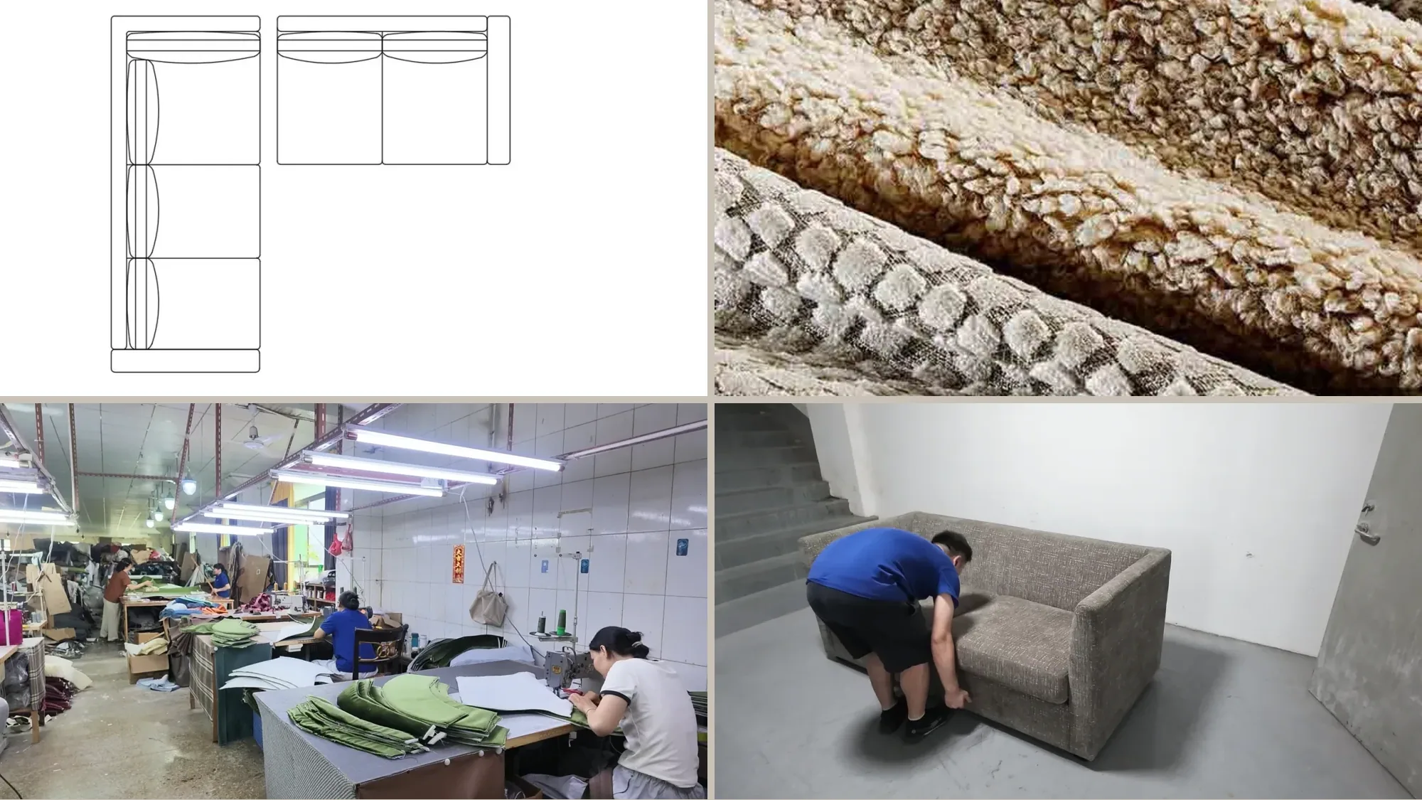 Furniture development process with technical drawing, material sample, upholstery workshop and sample inspection