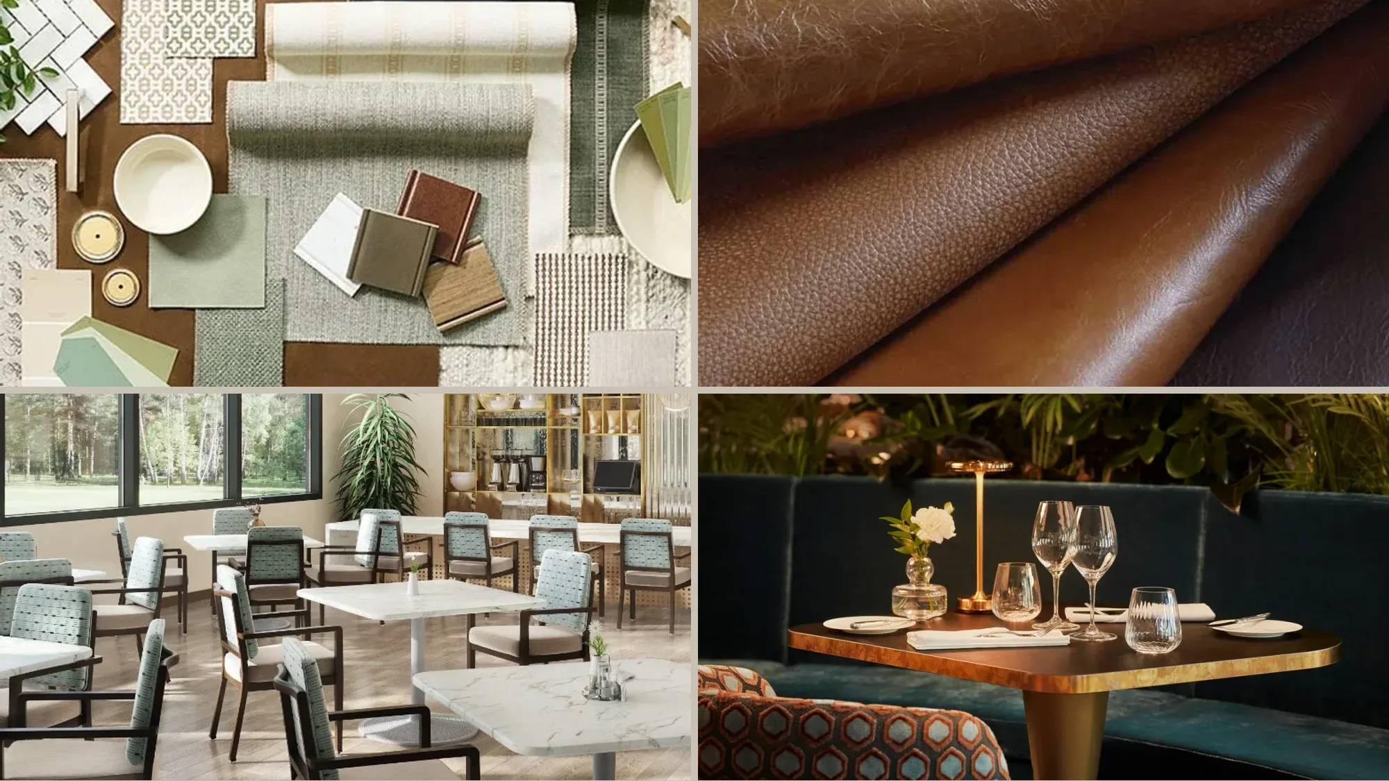 Furniture material and finish selection with upholstery, leather, metal frame and tabletop samples