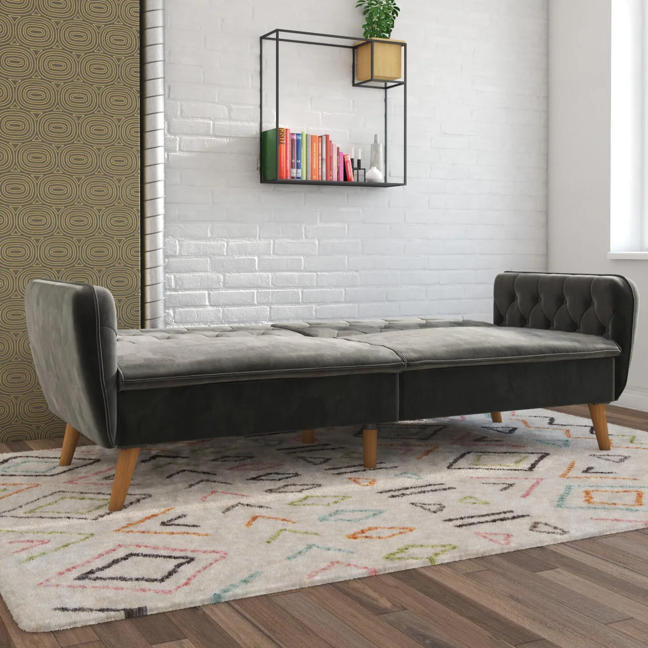 Futon sleeper sofa in flat sleeping position