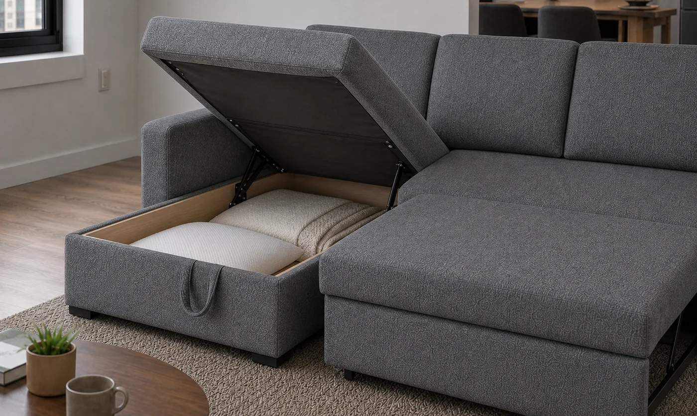 Hidden bedding compartment under sofa seat Hidden sofa bed storage compartment