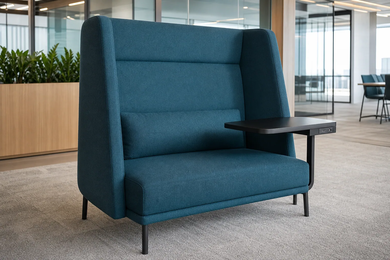 High back office sofa with worktable and power access