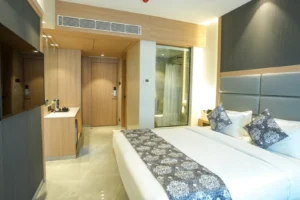 Hotel furniture design with coordinated bed, headboard and nightstand