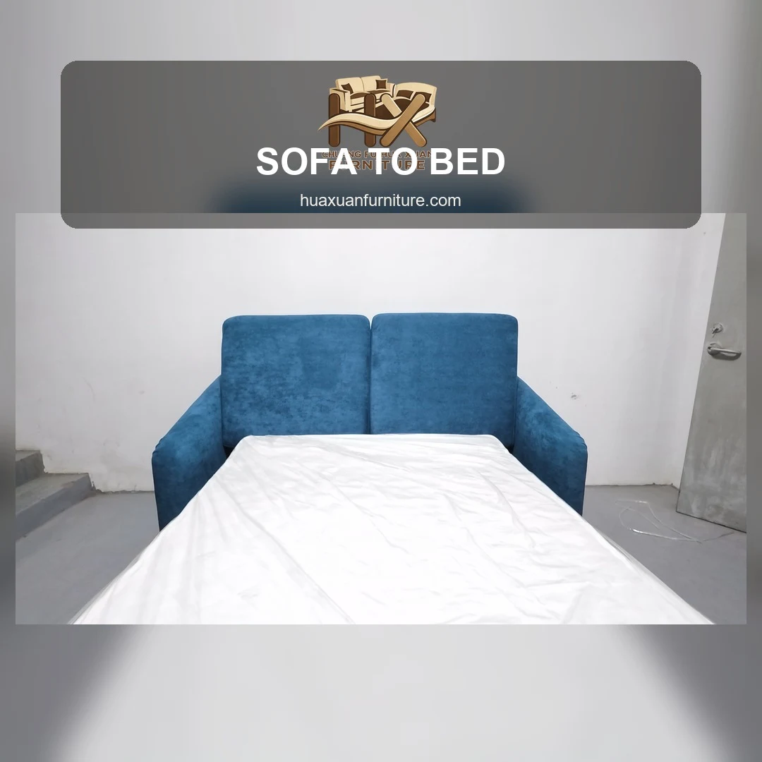 Blue Sofa Bed Conversion to Sleeping Mode poster