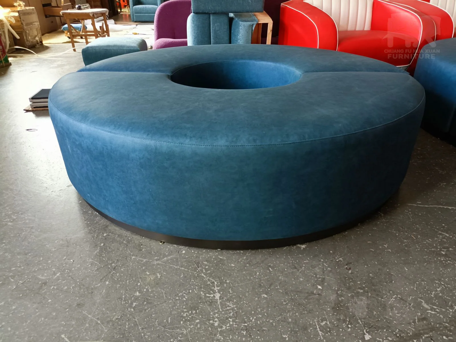 Blue Round Upholstered Ottoman for Apartment Lounges for apartment project, hotel lobby, office lounge furniture projects