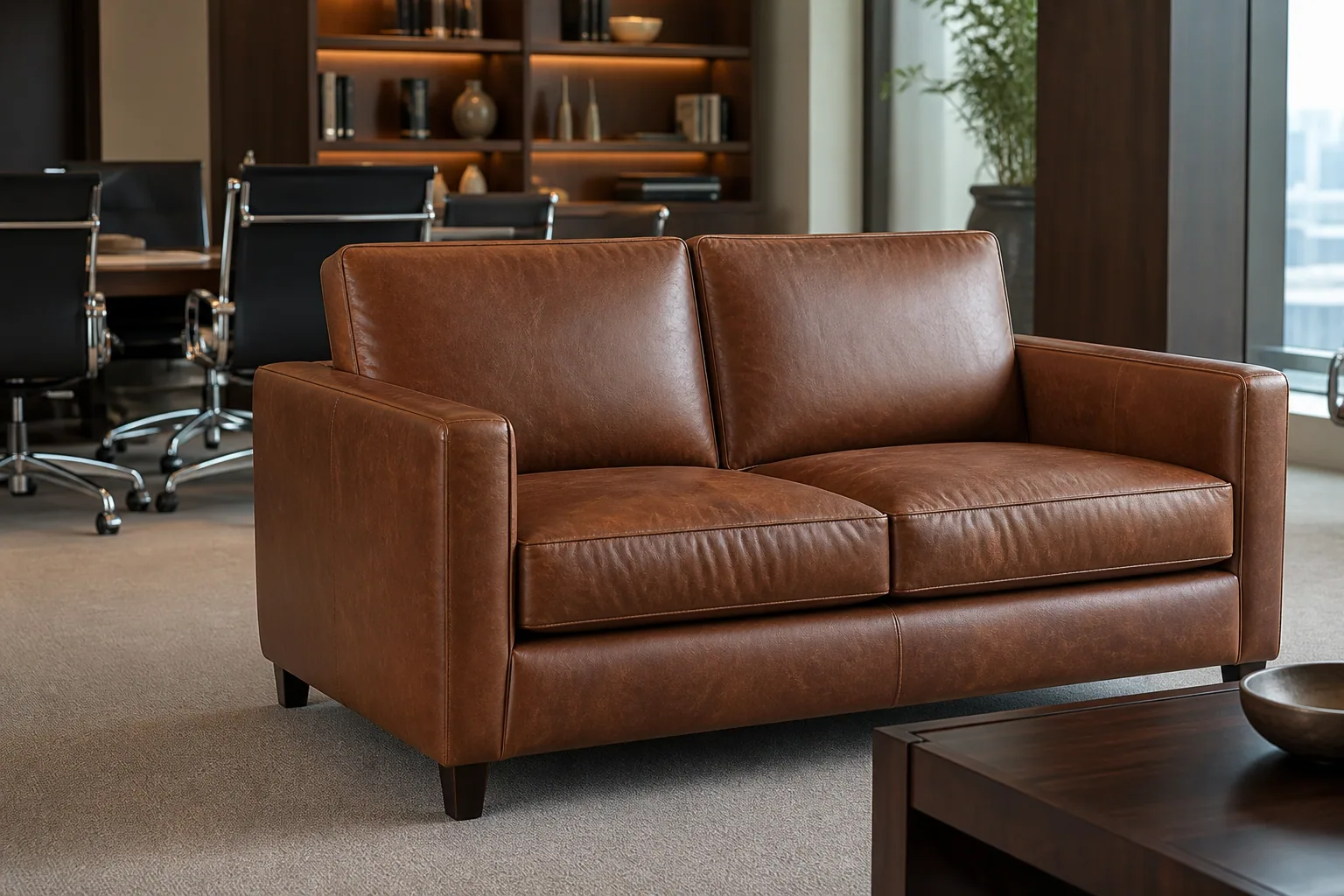 Leather office sofa in executive reception area