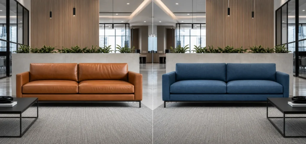 Leather vs fabric office sofa in a commercial reception comparison