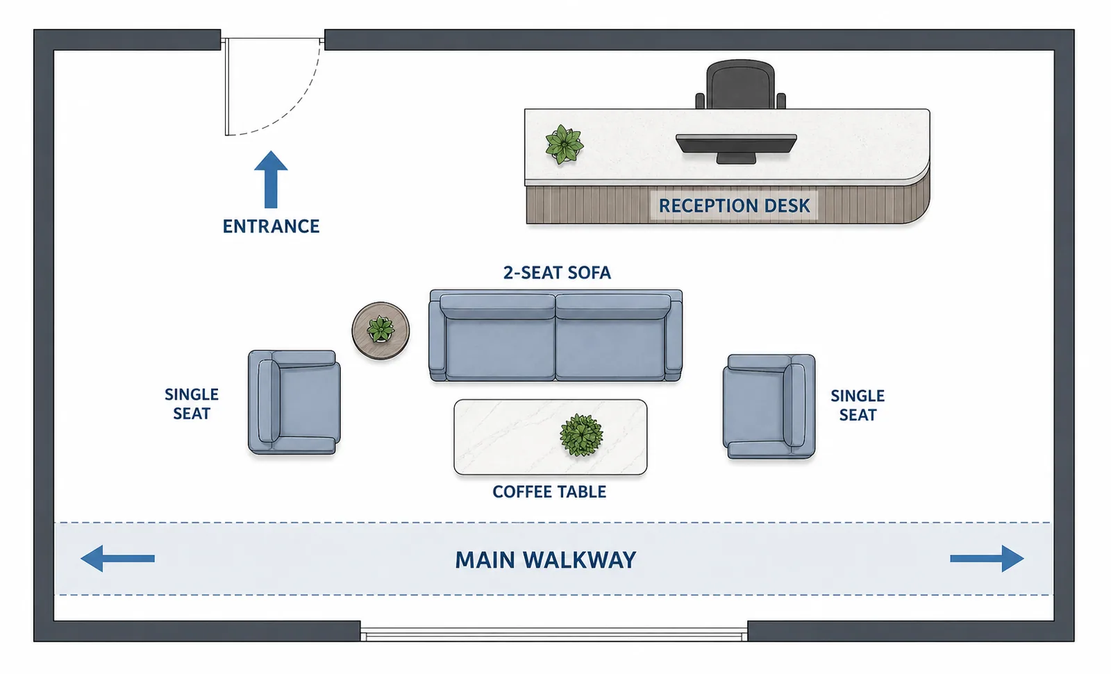 Reception seating floor-plan diagram Office reception seating layout diagram