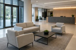 Office reception sofa layout guide with visitor seating and clear traffic flow