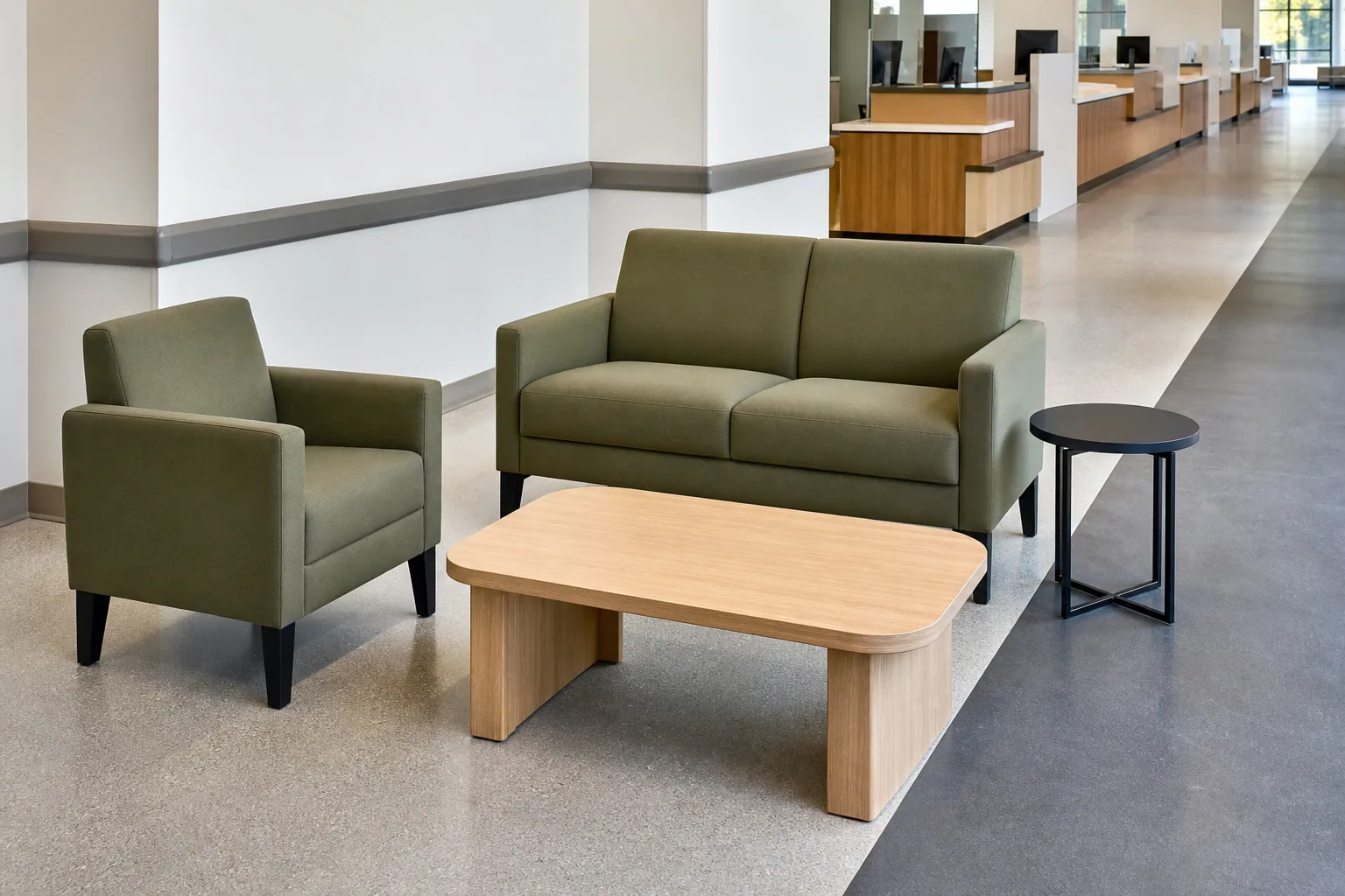 Office waiting sofa and coffee table layout