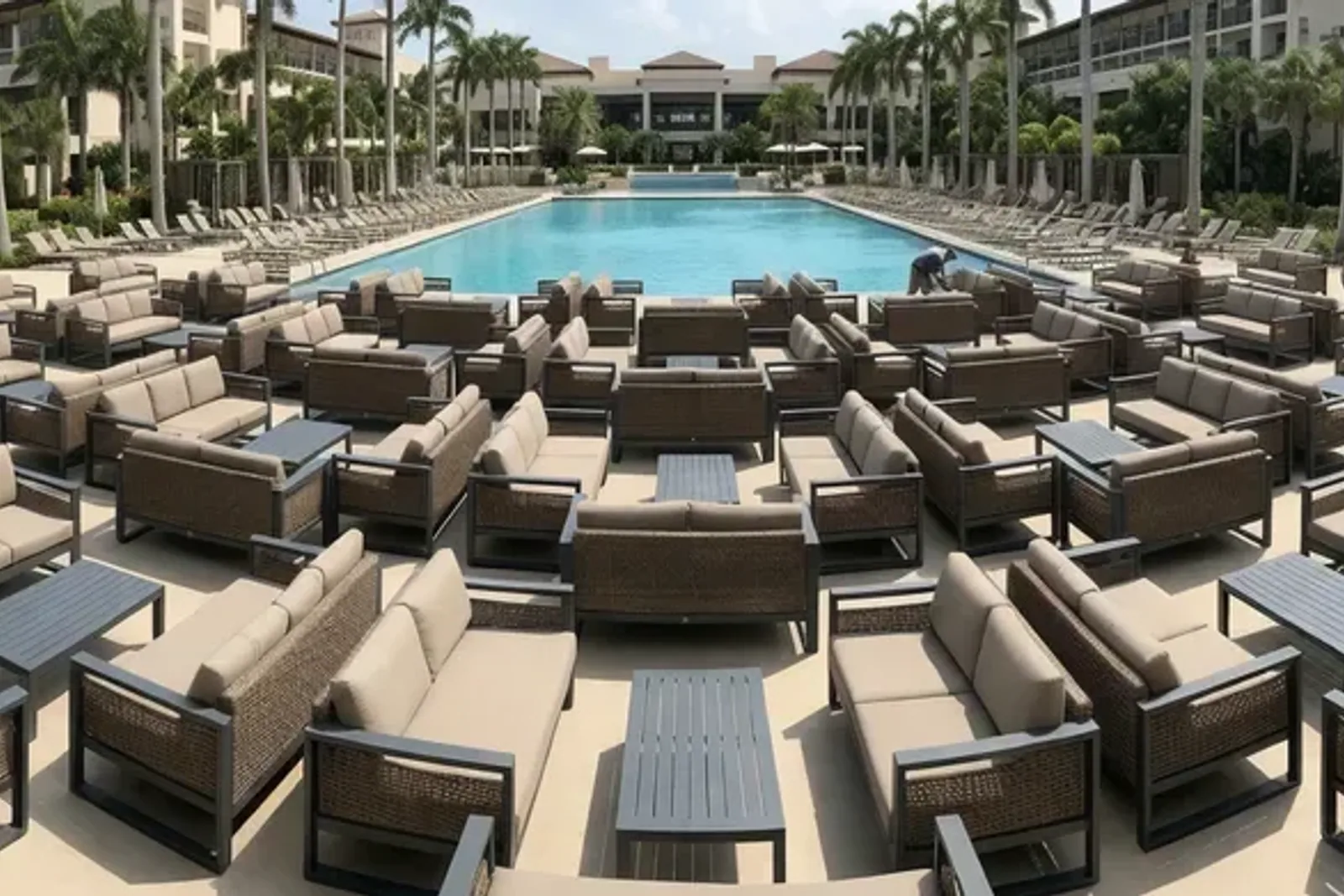 Outdoor hotel furniture package with poolside sofas and tables