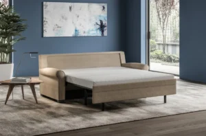 Pull-out sleeper sofa mechanism opened in a clean room scene