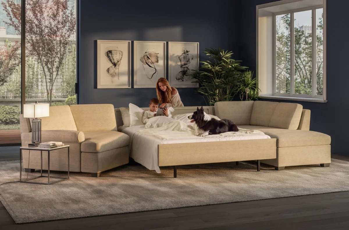 Pull-out sleeper sofa opened as a bed in a sourcing reference scene