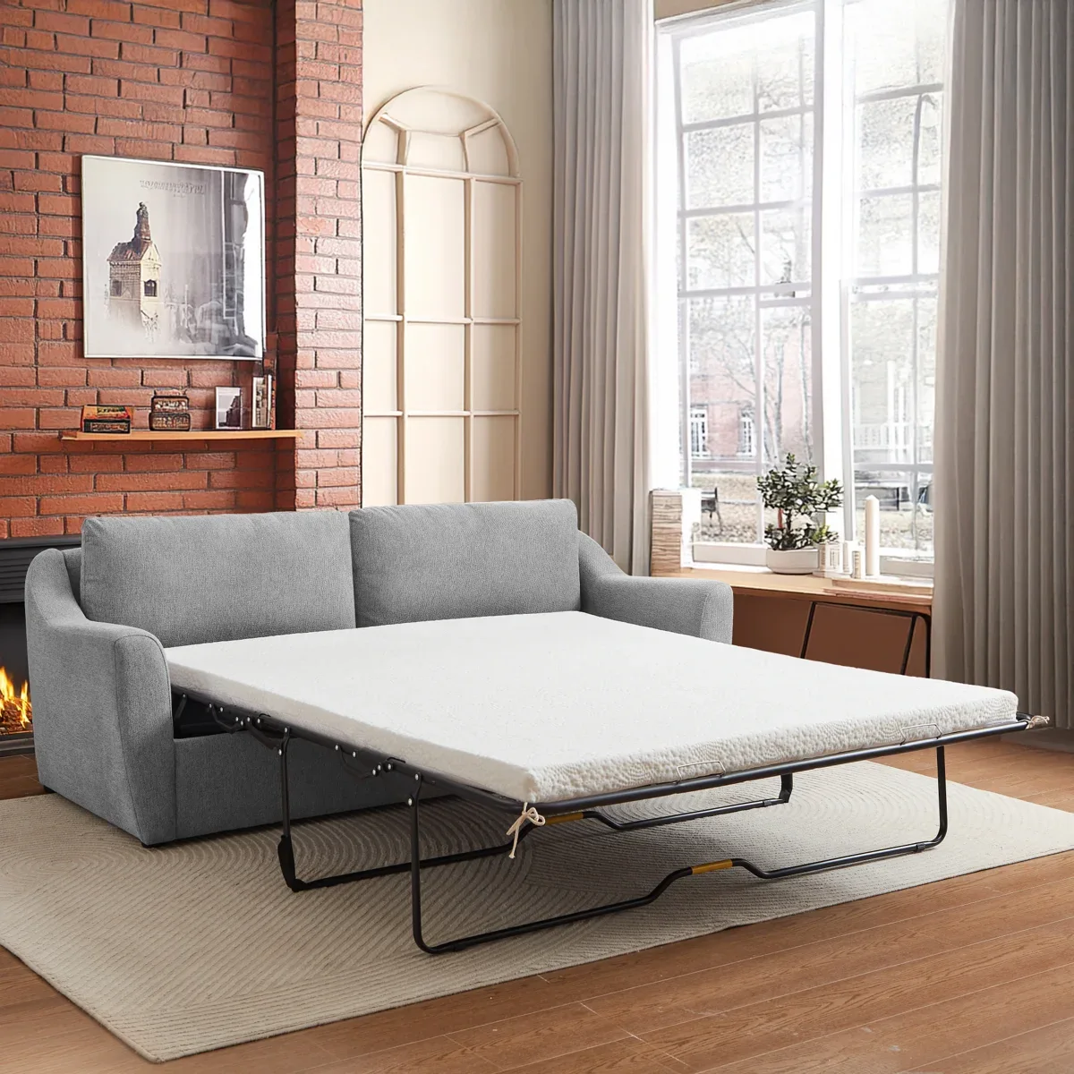 Pull-out sleeper sofa opened with metal support frame in a room scene