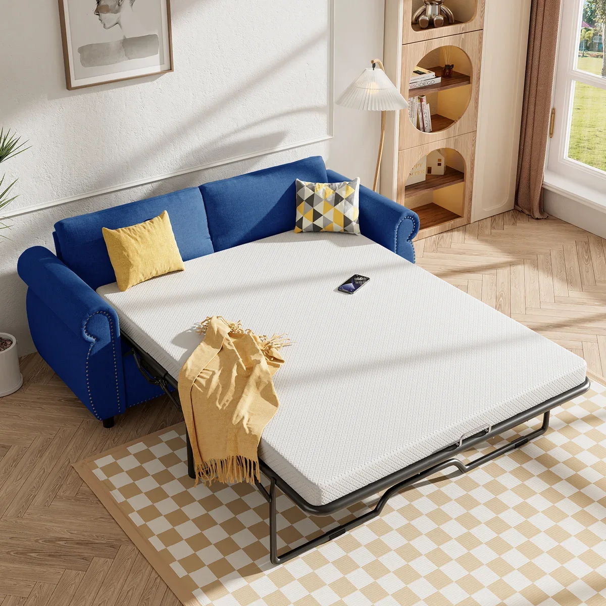 Pull-out sleeper sofa opened in a small living room scene