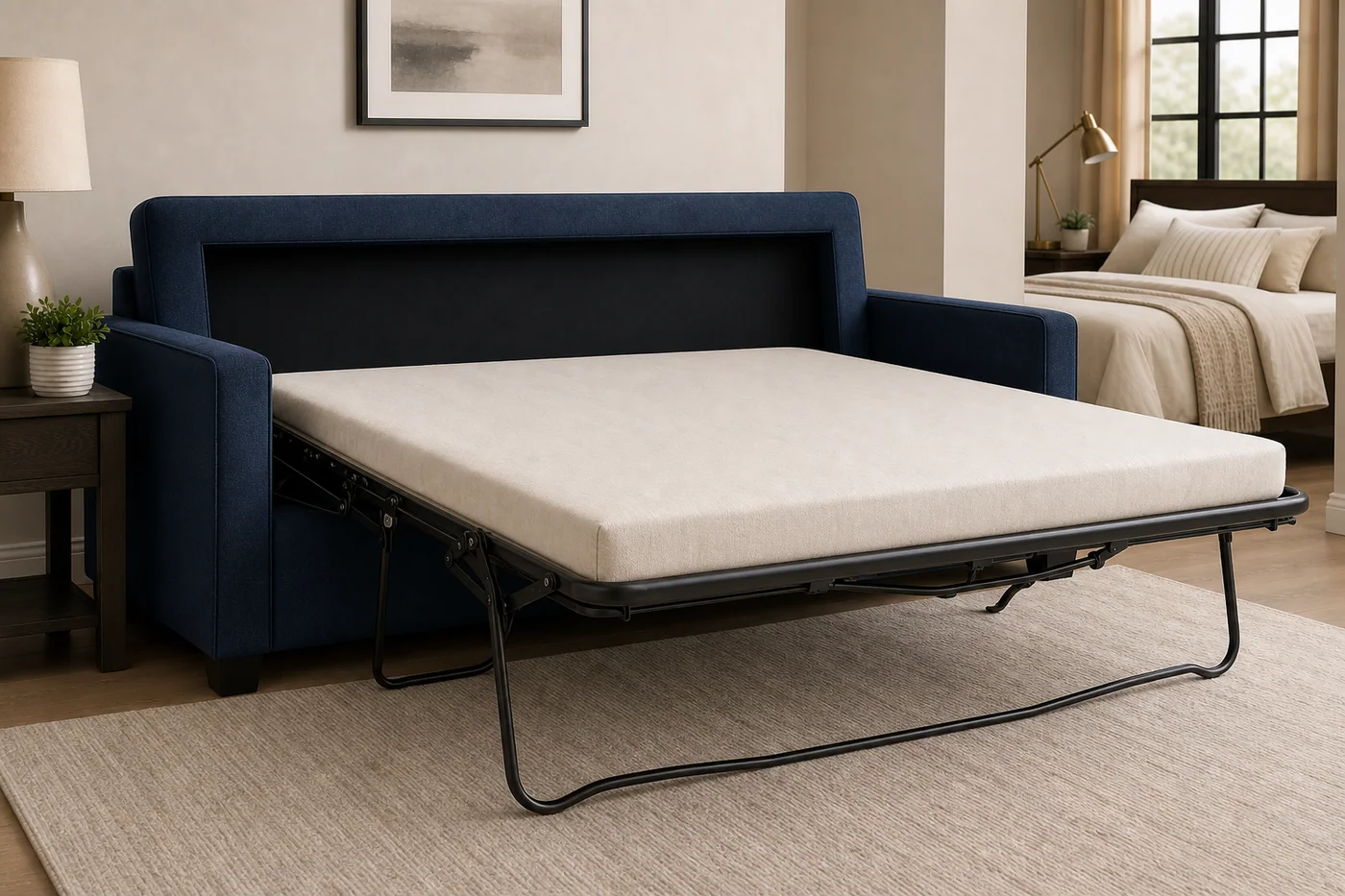 Pull-out sleeper sofa opened Pull out sleeper sofa opened with hidden bed frame